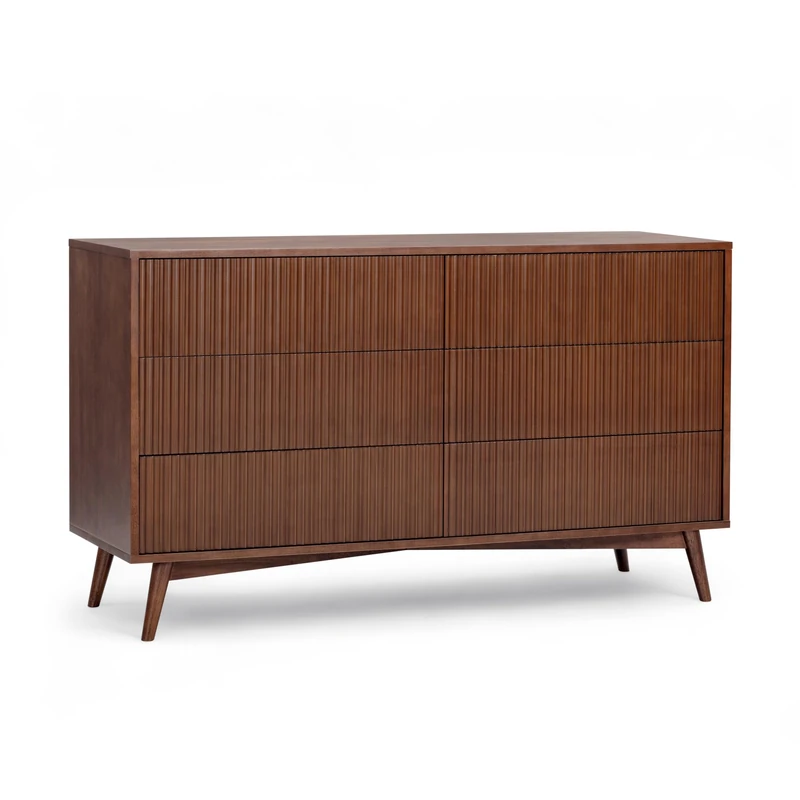 Teamson Home Tremolo 140 cm Wide Horizontal Dresser Chest of Drawers with 6 Push-Open Drawers, Fluted Wood Fronts and Walnut Veneer Finish, Walnut