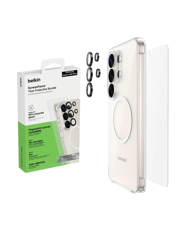 Belkin ScreenForce Titan Protective Bundle for Samsung Galaxy S26 Ultra with Scratch Resistant Screen Protector, Shockproof Phone Case and Anti-Reflective Camera Lens Protector - 4M Drop Protection