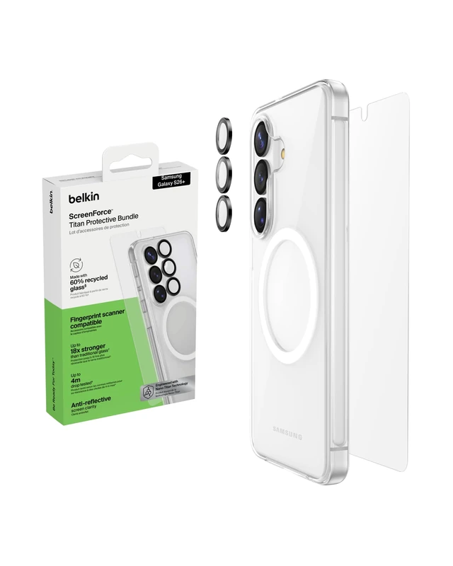 Belkin ScreenForce Titan Protective Bundle for Samsung Galaxy S26+ with Scratch Resistant Screen Protector, Shockproof Phone Case and Anti-Reflective Camera Lens Protector - 4M Drop Protection