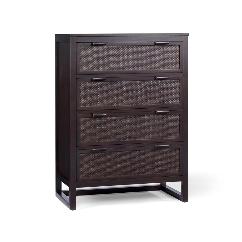 Teamson Home Hatteras 76 cm Wide Bedroom Dresser Chest of Drawers with 4 Rattan Inset Drawers, Mocha Brown Finish, Acacia Veneer and Everyday Storage Use, Espresso