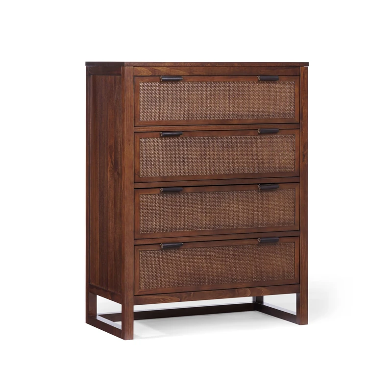 Teamson Home Hatteras 76 cm Wide Bedroom Dresser Chest of Drawers Chest of Drawers with 4 Rattan Inset Drawers, Walnut Finish, Acacia Veneer Construction and Practical Storage Design, Walnut