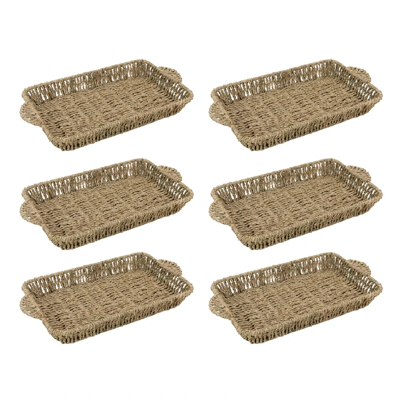 JVL Set of 6 Rectangular Seagrass Storage Tray with Handles – Hand Woven Natural Basket for Home Organisation, Brown