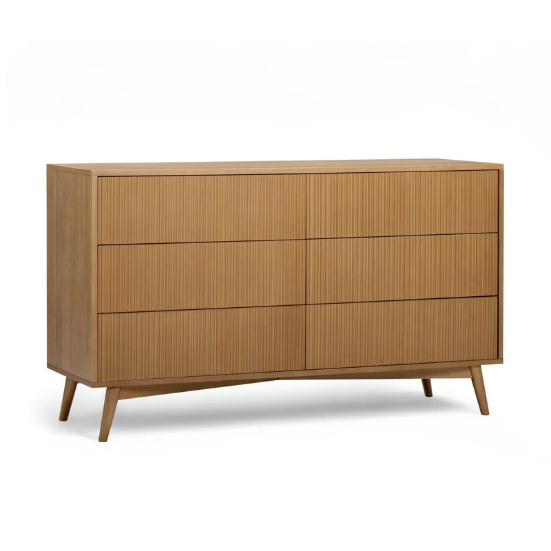 Teamson Home Tremolo 140 cm Wide Horizontal Dresser Chest of Drawers with 6 Push-Open Drawers, Fluted Wood Fronts and Acacia Veneer Finish, Natural