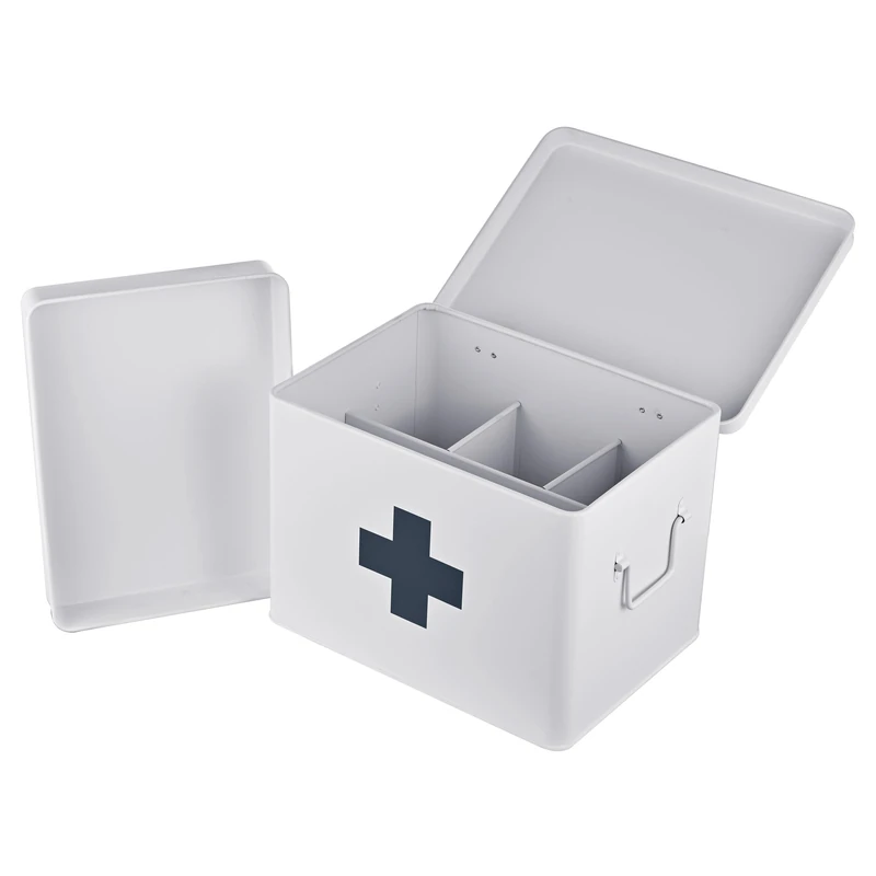 Relaxdays First Aid Box with Removable Insert, Metal, Handles, 21x28x20.5 cm, White - Image 1