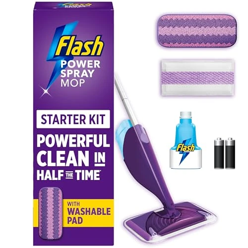 Flash Power Spray Mop Floor Cleaner Starter Kit, All-In-One Mopping System (6 Disposable + 1 Washable Pad + 1.25L Refill), Powered Deep Clean For Your Hard Floor Surfaces
