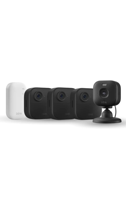 Blink Outdoor Camera 2K+ (newest gen) + Blink Mini 2K+— Wireless smart security camera, 2K video resolution, enhanced audio. Sync Module Core included — 3 camera system, Black