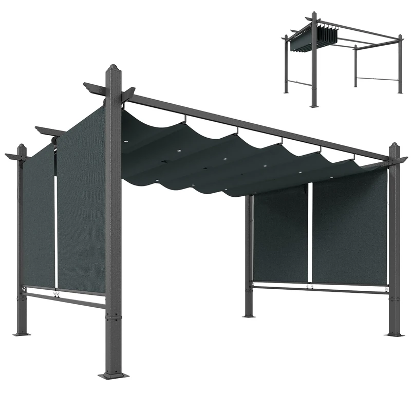 Outsunny 4 x 3 m Garden Pergola with Retractable Roof Canopy and Roll-Up Sides, Aluminium Frame Outdoor Gazebo Pergola Kit with Drainage Holes, UPF50+ Sun Shade Shelter, Dark Grey