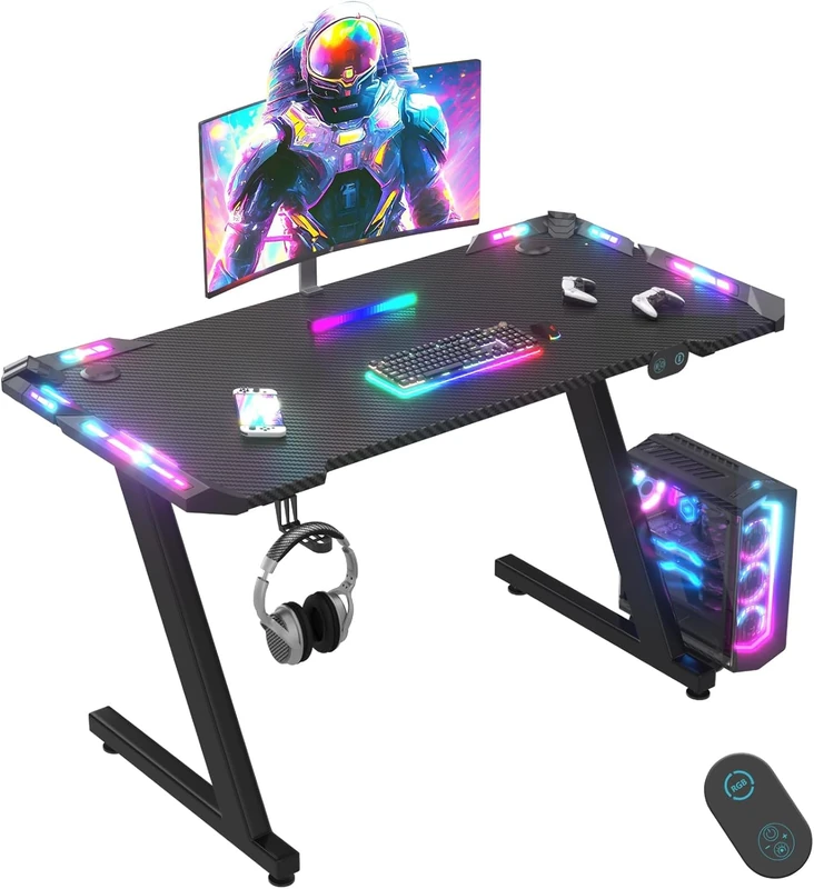 JUMMICO 120 x 60 cm Gaming Desk with LED Lights, RGB Gaming Table Sturdy Computer Desk for Home Office and Gamers with Headphone Hook, Black