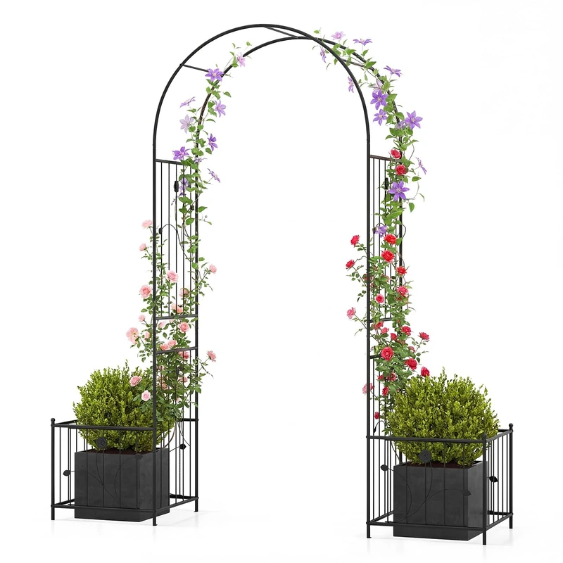 FANTASK Garden Arch with 2 Flower Boxes, 198 x 49.5 x 221 cm, Metal Rose Arch with Planters, Archway for Climbing Plants, Trellis Arch for Garden