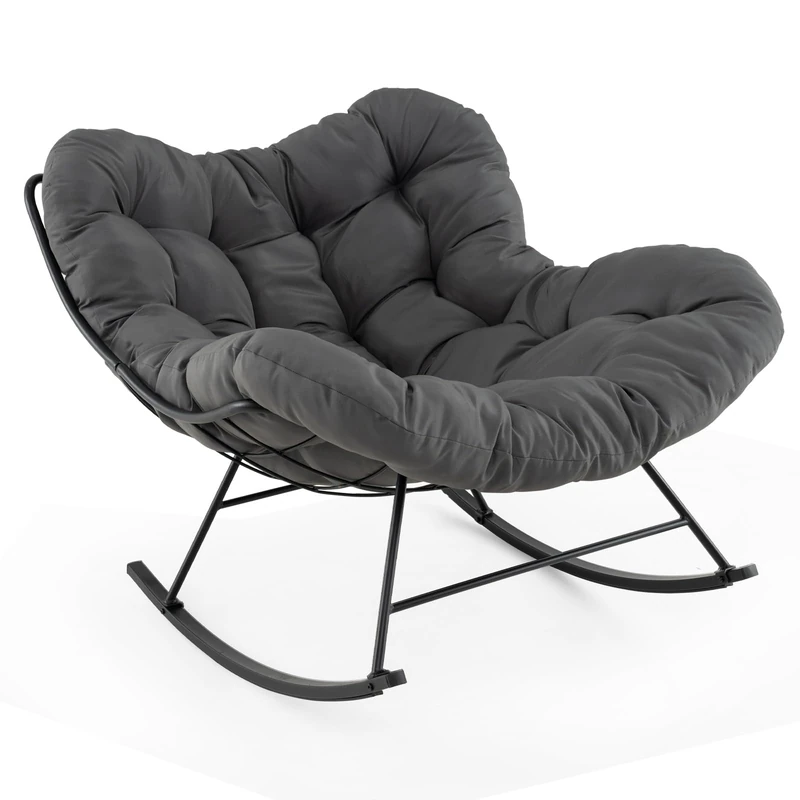 RELAX4LIFE Outdoor Oversized Rocking Chair, Patio Egg Papasan Chair with Thick Cushion & Metal Frame, Indoor Outdoor Lounge Rocker Seat for Living Room Balcony Yard Porch (Grey, 110 x 95 x 94 cm)
