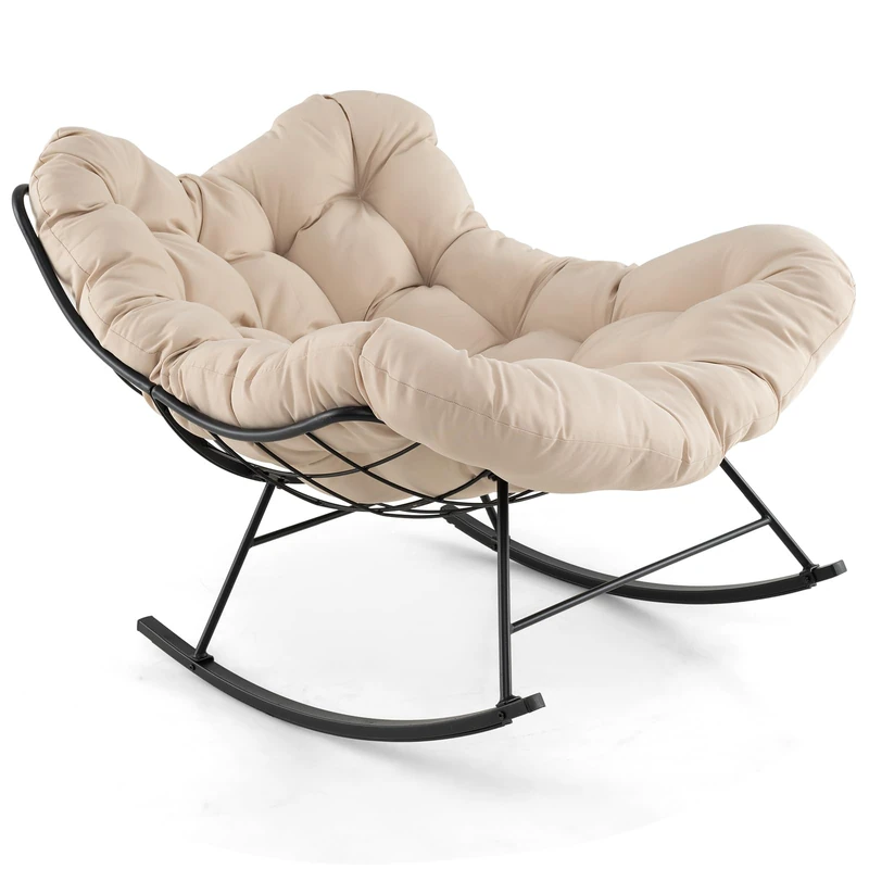 RELAX4LIFE Outdoor Oversized Rocking Chair, Patio Egg Papasan Chair with Thick Cushion & Metal Frame, Indoor Outdoor Lounge Rocker Seat for Living Room Balcony Yard Porch (Beige, 110 x 95 x 94 cm)