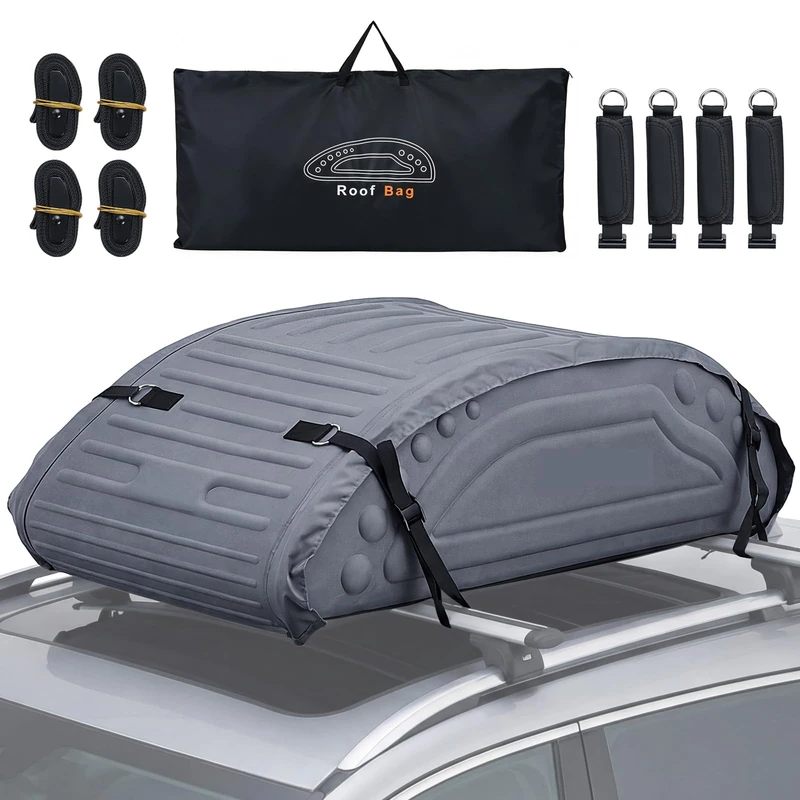 HOMFME Folding Car Roof Bag, 14 Cubic Feet/400L Waterproof Roofing Cargo Carrier with Storage Bag, 4 Reinforced Straps and Anti-Slip Bottom, Soft-Shell Rooftop Luggage Storage Box for All Cars (Grey)