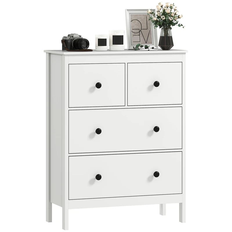 HOMCOM Tall Chest of Drawers, 4 Drawer Dresser for Bedroom, Clothes Storage Organiser for Living Room, Hallway, Bedroom, Entryway, 74x35x97cm, White
