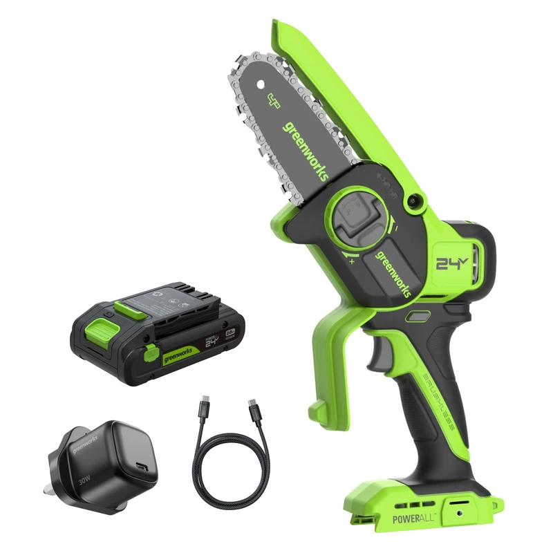 Greenworks 24V Mini Chainsaw Brushless 4in (10cm), Cordless Battery Chainsaw with Auto-Oil System, 7.8m/s Cutting Speed, Electric Saw with 2Ah Battery and 30W USB C Charger