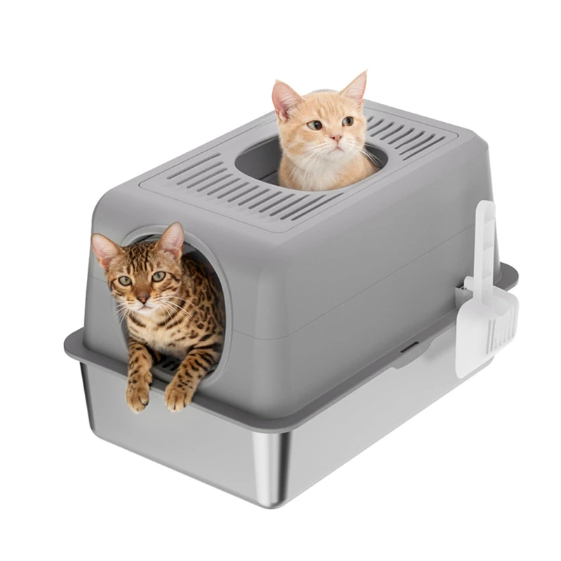 GarveeLife Stainless Steel Cat Litter Tray with Front and Top Exit Enclosed High-Sided Design Cat Litter Box with Lid 20L Cat Toilet Anti-Leakage with Scoop, Odour-Resistant - Image 1