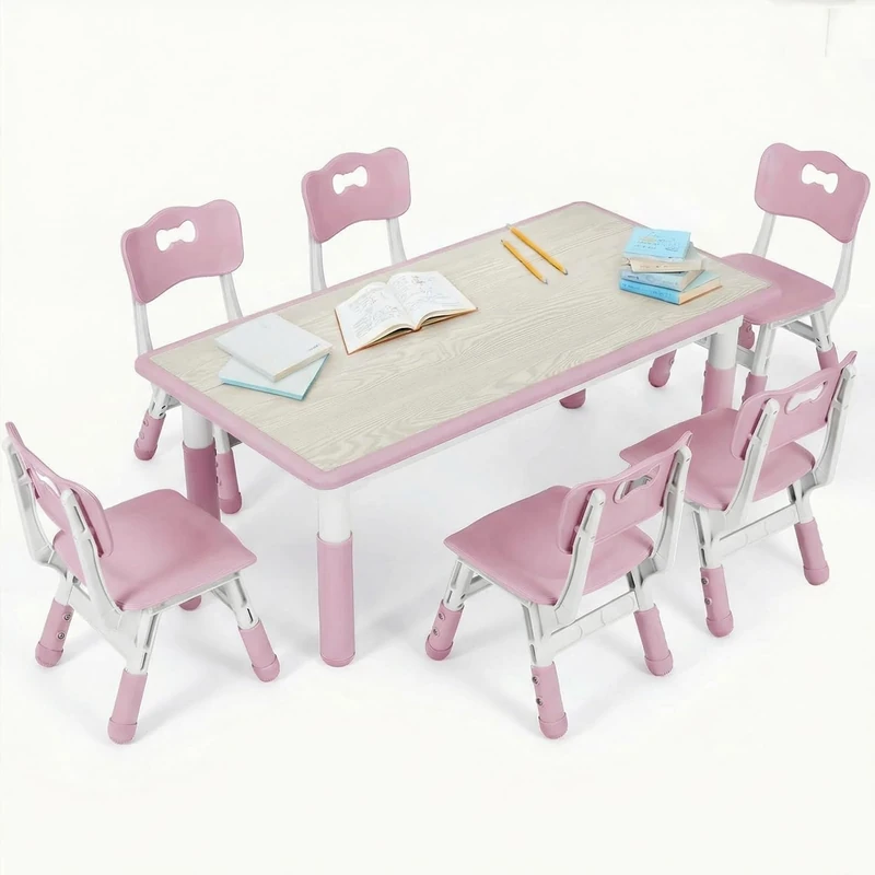 Clevich Children's Table with 6 Chairs, Kids Table Chair Set for Nursery and Children's Room,Height Adjustable, Plastic Children's Furniture (Pink)