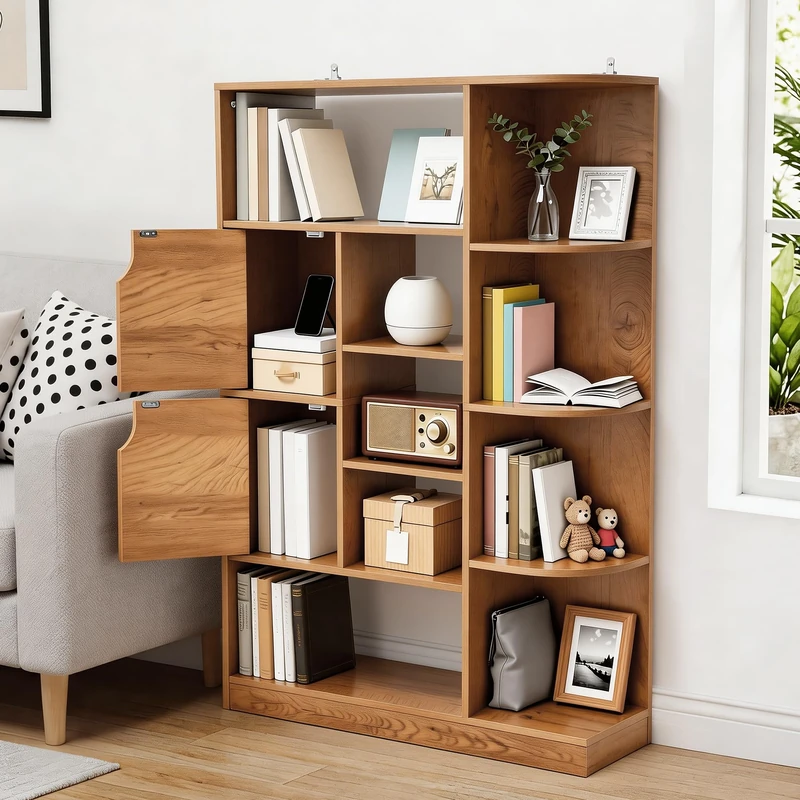 YITAHOME Freestanding Bookcase, Display Shelf with with 9 Open Shelves and 2 Doors Side Cabinet for Living Room, Bedroom, Office, Oak Color, 80W × 24D × 120H CM