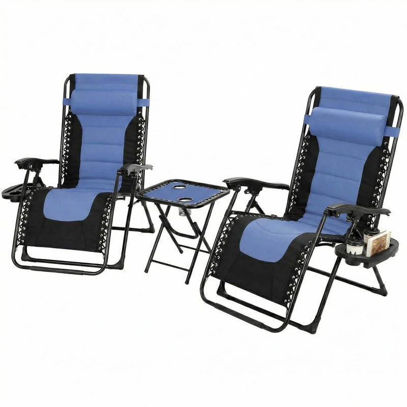 Clevich Folding Zero Gravity Sun Loungers Set of 3, Adjustable Outdoor Recliner Chairs with Table, Cup Holders, Removable Headrest, Extra Wide, UV-Resistant, No Assembly Required for Garden/Beach/Pool