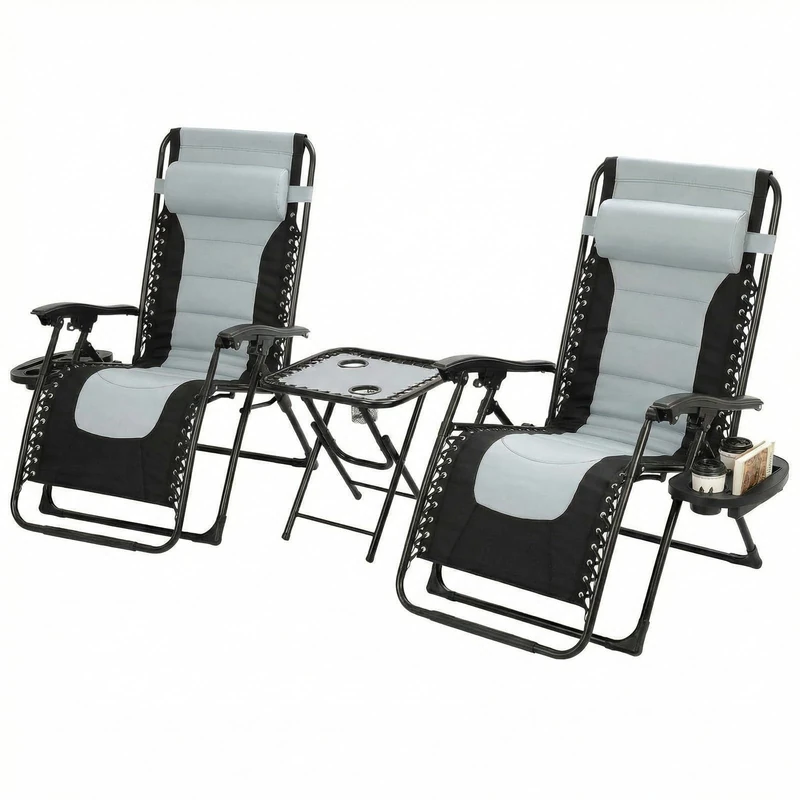 Clevich Folding Zero Gravity Sun Loungers Set of 3, Adjustable Outdoor Recliner Chairs with Table, Cup Holders, Removable Headrest, Extra Wide, UV-Resistant, No Assembly for Garden/Beach (Grey)
