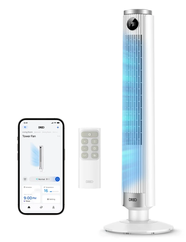 DREO Smart 40"-45" Tower Fan for Bedroom, Adjustable Height, 28 ft/s Velocity, DC Motor, 9 Speeds, 4 Modes, 90°Oscillating, Standing Fan, 20dB Quiet, 12H Timer for Home, Office, Google/Alexa, White