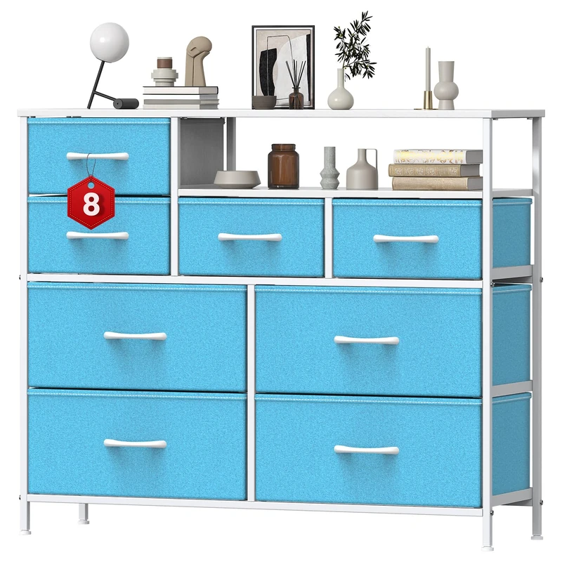 GoaHi Chest of Drawers with 8 Drawers,Bedroom Drawers, Fabric Dresser with Wood Top,Drawer storage unit for for Bedroom, Living room,Blue