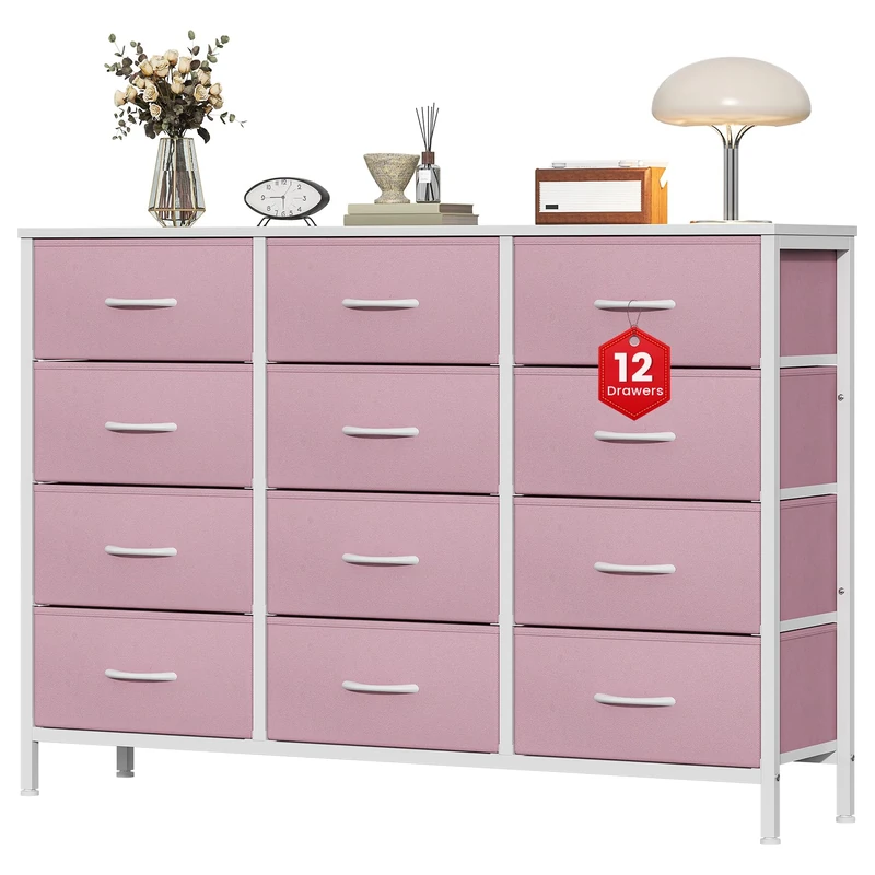 GoaHi Chest of Drawers with 12 Drawers,Bedroom Drawers, Fabric Dresser with Wood Top,Drawer Storage Unit for Bedroom, Living room,Pink