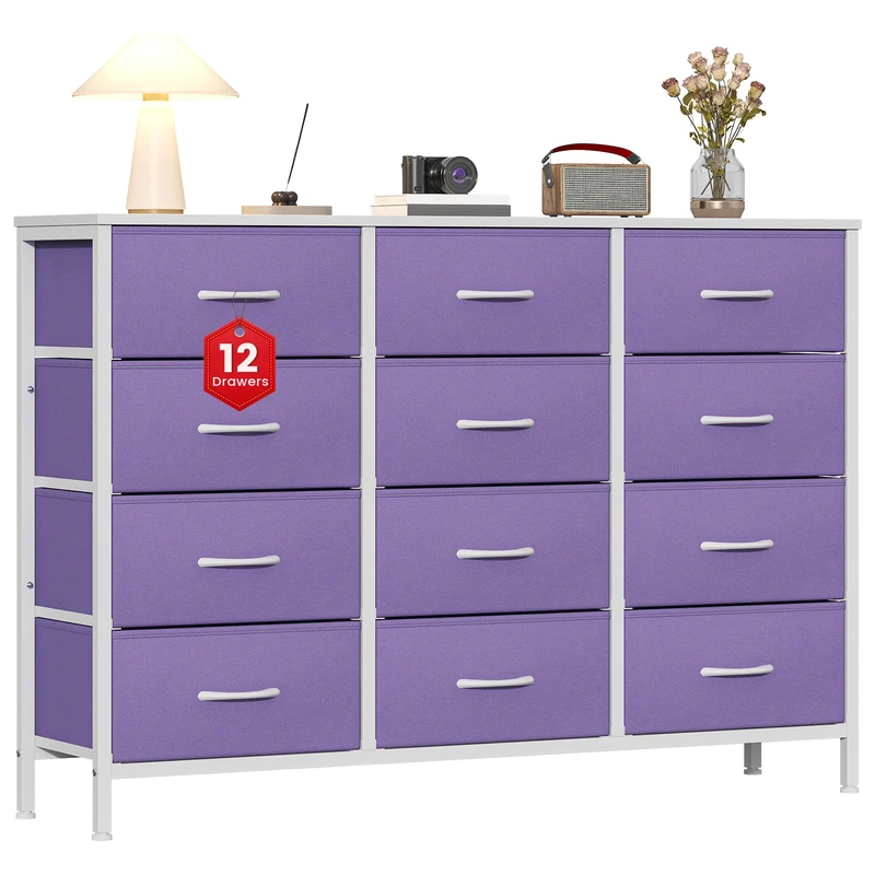 GoaHi Chest of Drawers with 12 Drawers,Bedroom Drawers, Fabric Dresser with Wood Top,Drawer Storage Unit for Bedroom, Living room,Purple