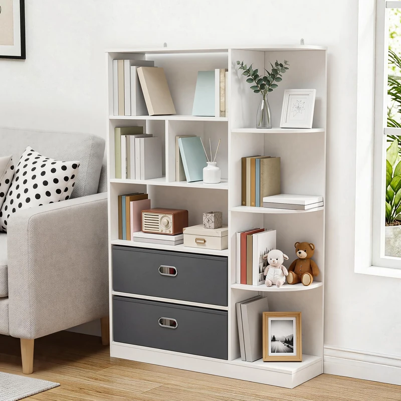 YITAHOME Freestanding Bookcase, Display Shelf with with 8 Open Shelves and 2 Fabric Drawer Side Cabinet for Living Room, Bedroom, Office, White, 80W × 24D × 115H CM