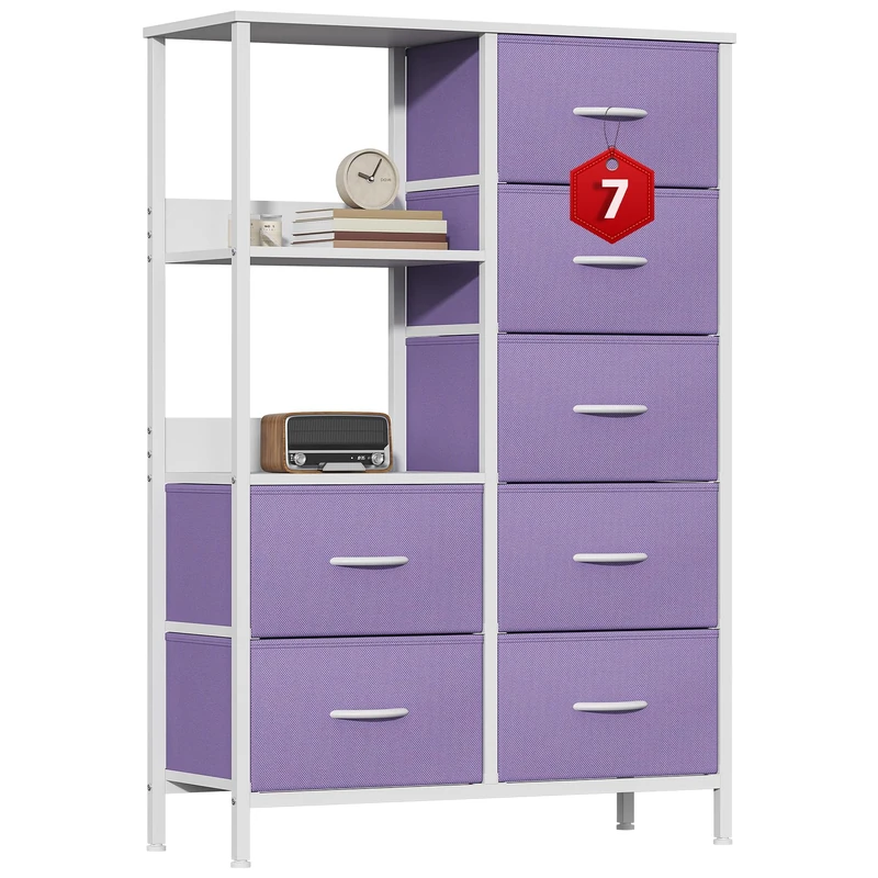 GoaHi Fabric Chest of Drawers Bedroom with 7 Drawers, Tall Storage Organizer Unit with 3 Layer Shelves,Storage Drawers with Fabric Bins, Storage Cabinet for Living Room & Closets,Purple