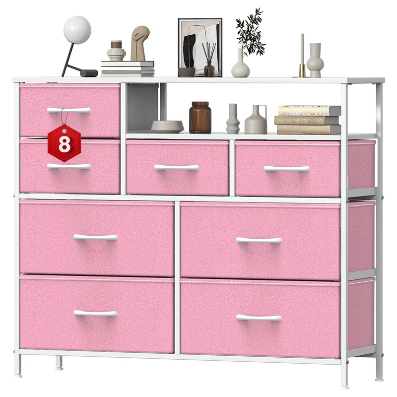 GoaHi Chest of Drawers with 8 Drawers,Bedroom Drawers, Fabric Dresser with Wood Top,Drawer storage unit for for Bedroom, Living room,Pink