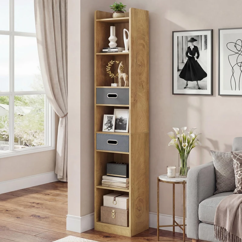 YITAHOME Tall Narrow Bookcase, Thin Corner 5-Tier Bookcase with 2 Fabric Drawers, Freestanding Display Shelf for Living Room, Bedroom, Office, Oak Color, 30W × 24D × 180H CM