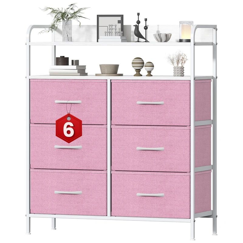 GoaHi Chest of Drawers, Dresser for Bedroom with 6 Fabric Drawers, Tall Storage Organizer Unit with 2 Layers Shelf for Bedrooms,Living Rooms, Sturdy Storage Dresser,Pink