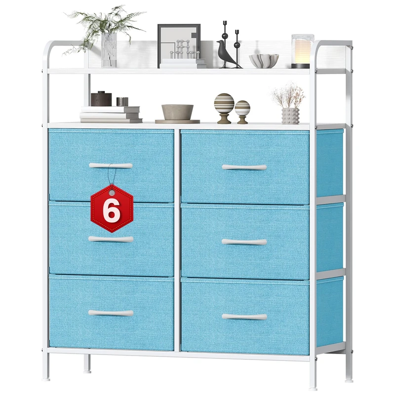 GoaHi Chest of Drawers, Dresser for Bedroom with 6 Fabric Drawers, Tall Storage Organizer Unit with 2 Layers Shelf for Bedrooms,Living Rooms, Sturdy Storage Dresser,Blue