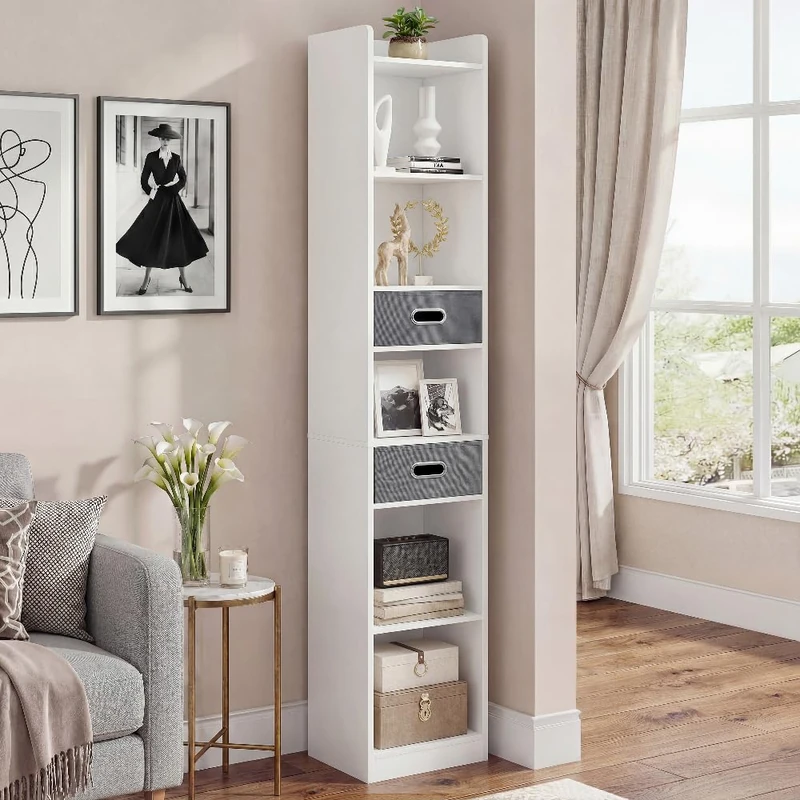 YITAHOME Tall Narrow Bookcase, Thin Corner 5-Tier Bookcase with 2 Fabric Drawers, Freestanding Display Shelf for Living Room, Bedroom, Office, White, 30W × 24D × 180H CM
