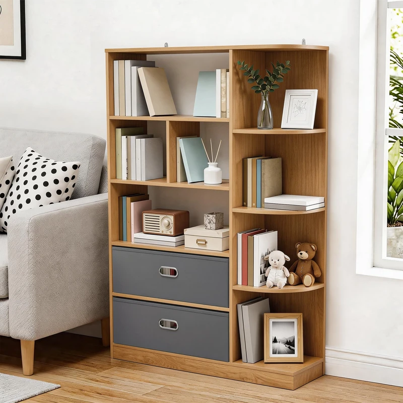 YITAHOME Freestanding Bookcase, Display Shelf with with 8 Open Shelves and 2 Fabric Drawer Side Cabinet for Living Room, Bedroom, Office, Oak Color, 80W × 24D × 115H CM