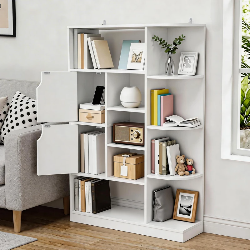 YITAHOME Freestanding Bookcase, Display Shelf with with 9 Open Shelves and 2 Doors Side Cabinet for Living Room, Bedroom, Office, White, 80W × 24D × 120H CM