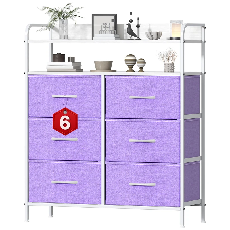 GoaHi Chest of Drawers, Dresser for Bedroom with 6 Fabric Drawers, Tall Storage Organizer Unit with 2 Layers Shelf for Bedrooms,Living Rooms, Sturdy Storage Dresser,Purple
