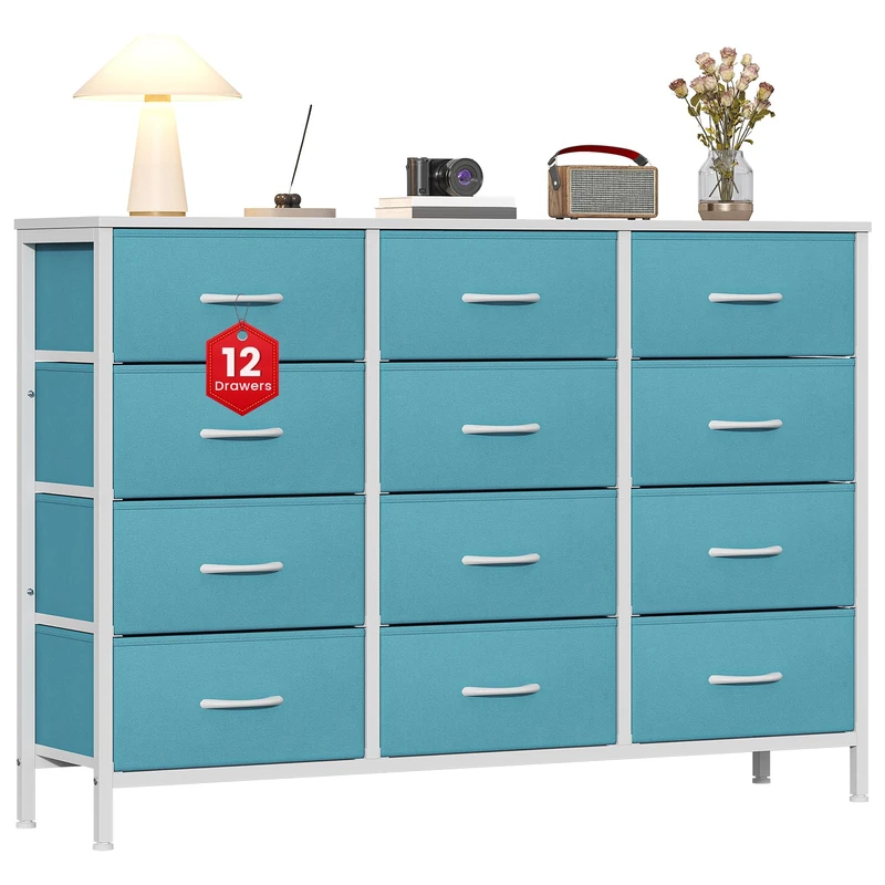 GoaHi Chest of Drawers with 12 Drawers,Bedroom Drawers, Fabric Dresser with Wood Top,Drawer Storage Unit for Bedroom, Living room,Blue