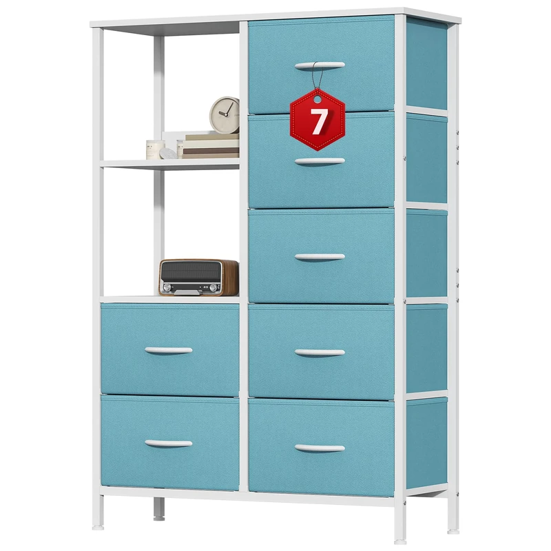 GoaHi Fabric Chest of Drawers Bedroom with 7 Drawers, Tall Storage Organizer Unit with 3 Layer Shelves,Storage Drawers with Fabric Bins, Storage Cabinet for Living Room & Closets,Blue