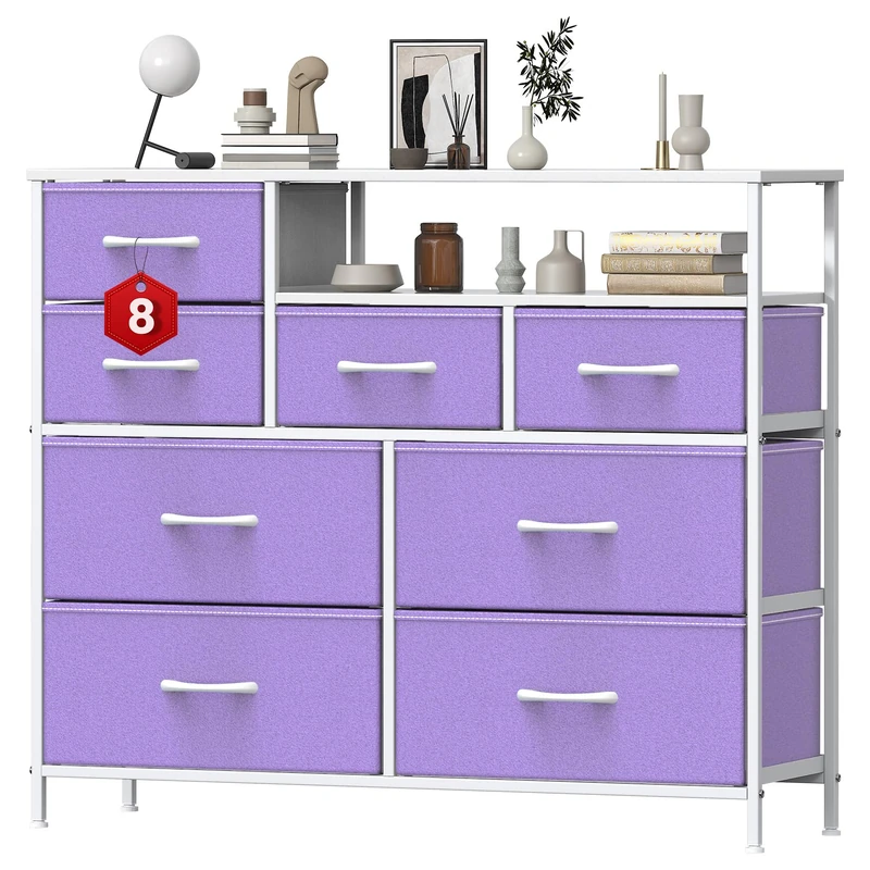 GoaHi Chest of Drawers with 8 Drawers,Bedroom Drawers, Fabric Dresser with Wood Top,Drawer storage unit for for Bedroom, Living room,Purple