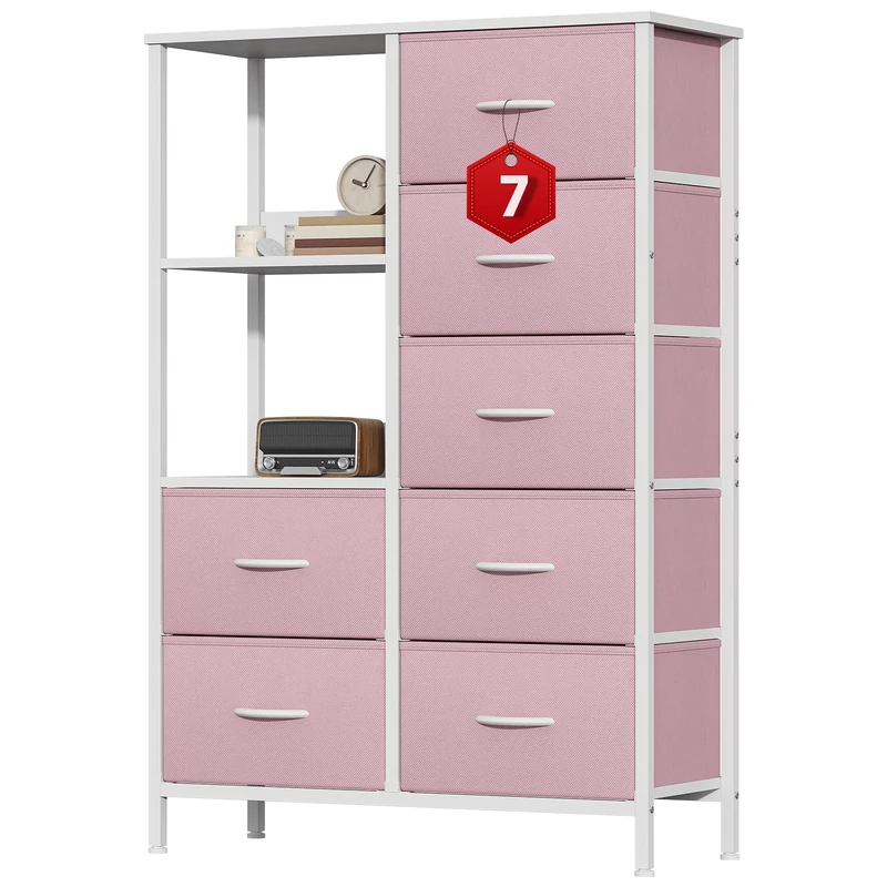 GoaHi Fabric Chest of Drawers Bedroom with 7 Drawers, Tall Storage Organizer Unit with 3 Layer Shelves,Storage Drawers with Fabric Bins, Storage Cabinet for Living Room & Closets,Pink