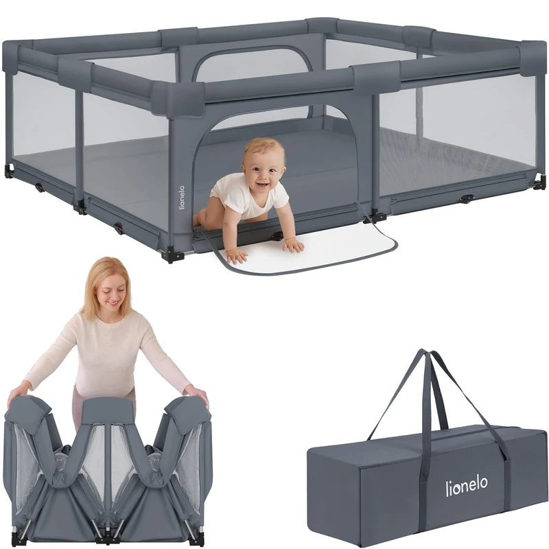 Lionelo Florence XL Easy Fold Large Baby Playpen 180 x 200 cm Foldable Baby Playpen with Mesh Sides, No Assembly, Two Zip Entrances, Padded Rail, Easy Clean, Carry Bag, Baby Play Area for Toddlers