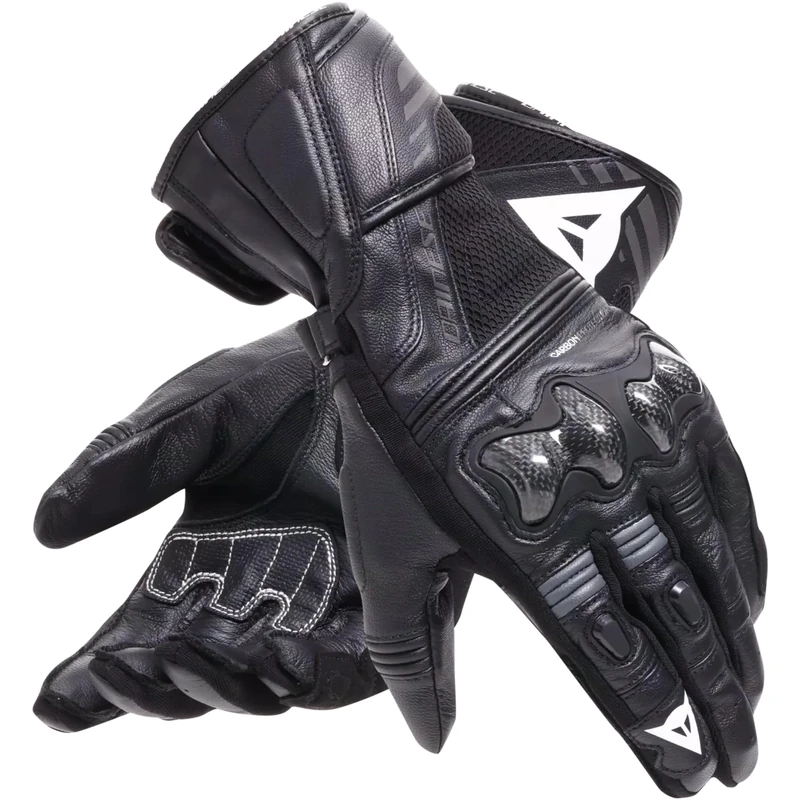 Dainese Reacto Carbon Long Leather Motorcycle Gloves with Carbon Knuckle Protection and Smart Touch Finger Reinforcements, for Men, Black/Anthracite, XS