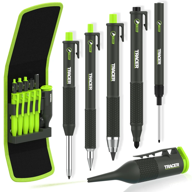 Tracer Pencil 2.0-6 Piece Marking Kit in Case with Deep Hole Chalk Marker, Tough & Precision Work Pencil, Long Nib & Black Permanent Markers