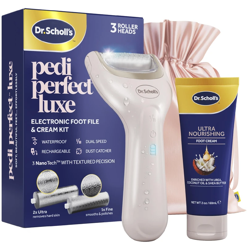 Dr. Scholl's Pedi Perfect Luxe-Electric Foot File & Ultra Nourishing Cream Pedicure Kit,Removes Hard Skin for Soft Smooth Feet,Waterproof, Rechargeable with 90-Minute Run Time,Includes x3 Roller Heads
