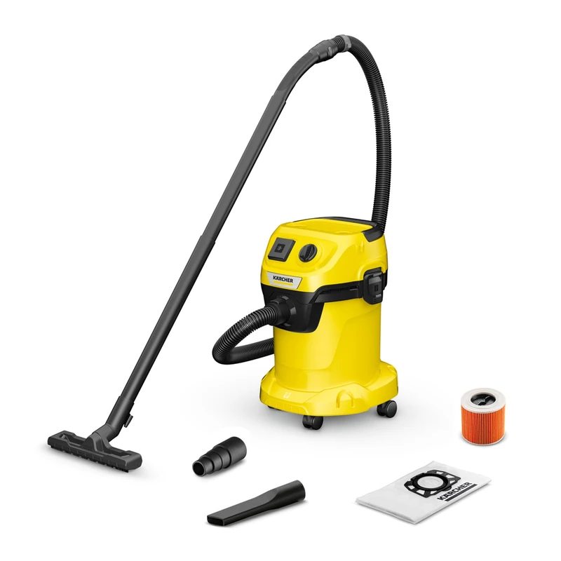 Kärcher wet and dry vacuum cleaner WD 3 P, power: 1000 W, container: 17 l, suction hose: 2 m, cartridge filter, fleece filter bag, floor and crevice nozzle, blower function, device socket