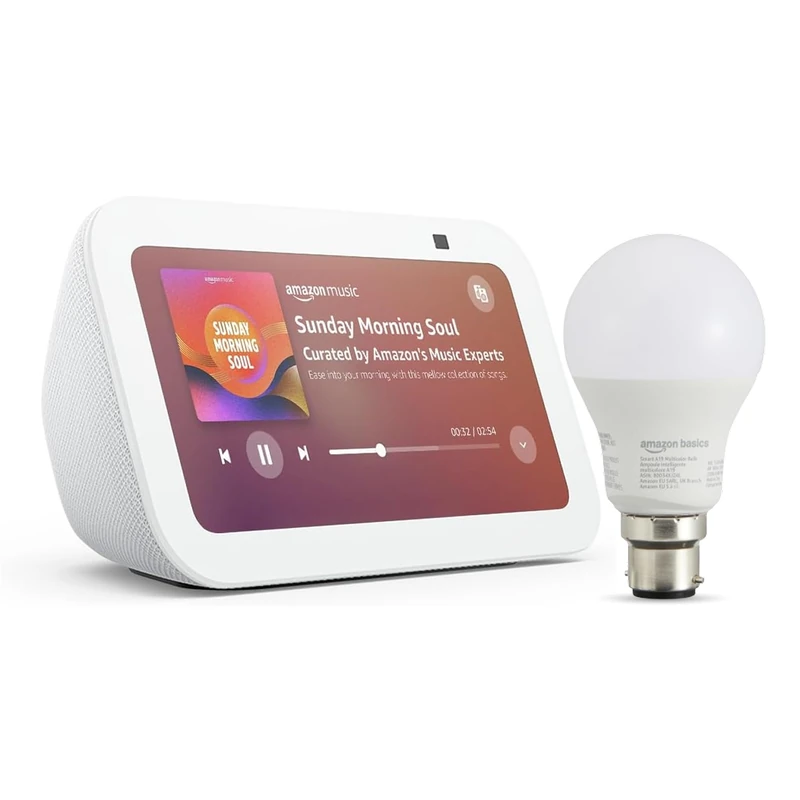 Echo Show 5 (Newest gen) | White + Amazon Basics Smart Bulb (B22), Works with Alexa - Smart Home Starter Kit