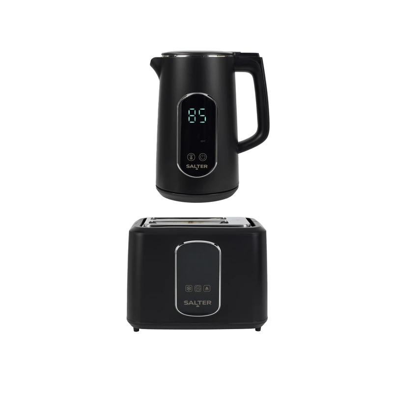 Salter Digital Kettle & Toaster Set – 1.7L Temp Rite Kettle with Variable Temperature Control, Toast Rite 2-Slice Toaster with Precise Browning Control, LED Touchscreen Displays, Black