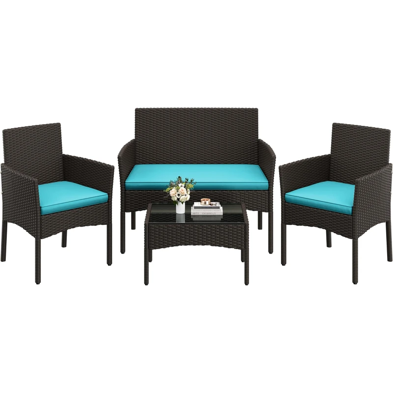 Yaheetech 4 Pieces Outdoor Patio Conversation Set, PE Rattan Wicker Sofa Set with Soft Cushion and Tempered Glass Table for Yard, Poolside, Garden (Brown/Cyan)
