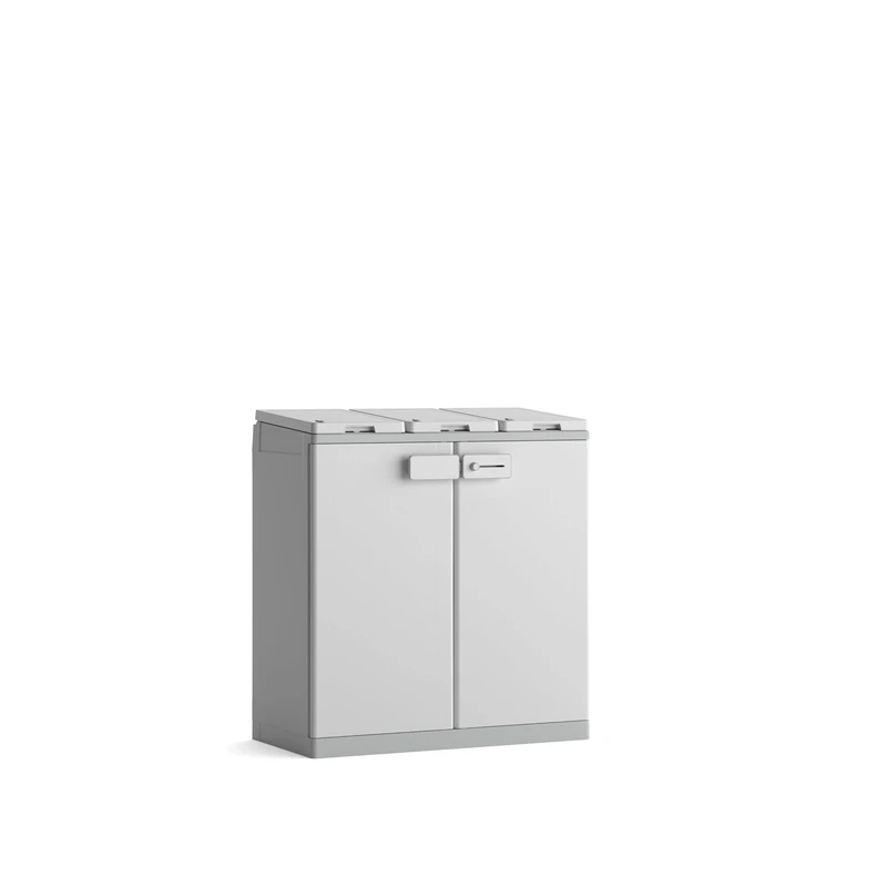 Keter ReCyclo Cabinet for Waste Sorting, 3 Compartments, Windproof Locks, White/Beige, 89x45x96H cm